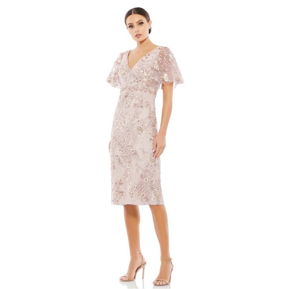 Mac Duggal Embellished Illusion Butterfly Sleeve Cocktail Midi Dress size 10 NWT